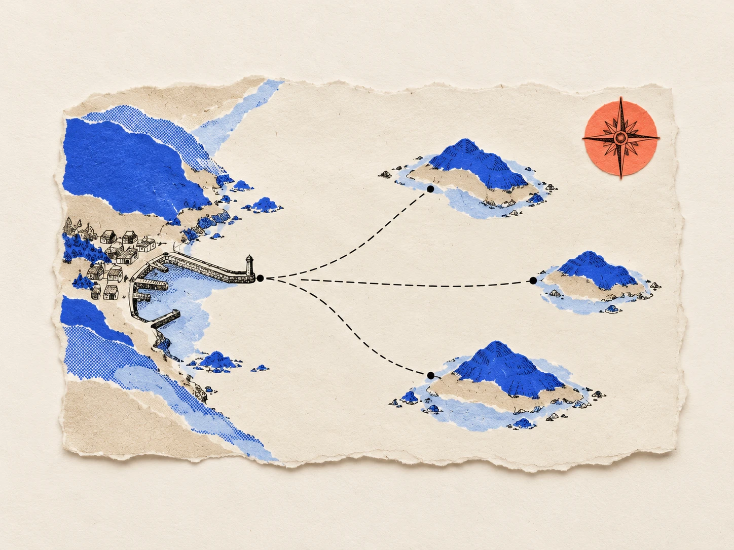 A torn sea chart with routes from a harbour to three islands