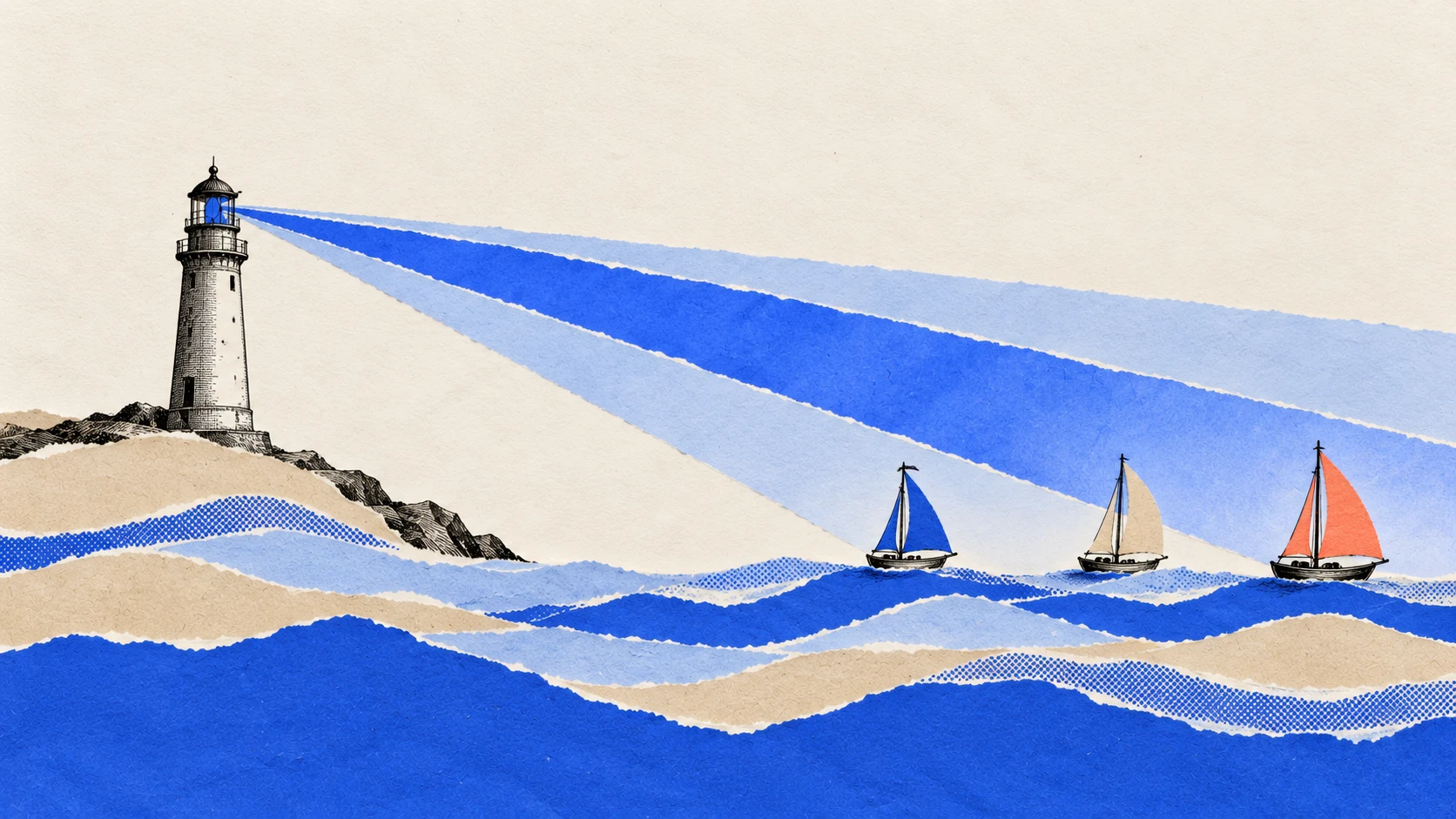 A lighthouse whose beam reaches three sailboats