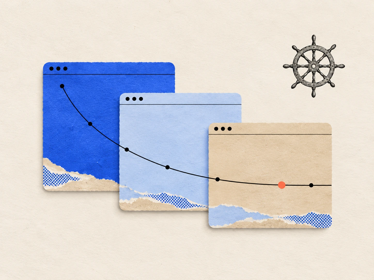 Three paper app windows with a retention curve levelling off